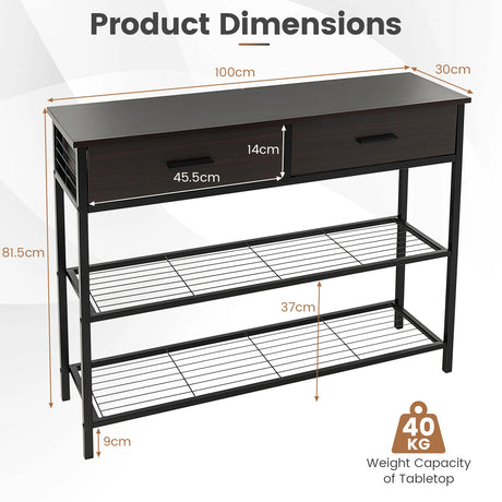 100cm Console Table with 2 Drawers &amp; 2-Tier Shelves &amp; Anti-Toppling Design-Coffee