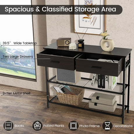 100cm Console Table with 2 Drawers &amp; 2-Tier Shelves &amp; Anti-Toppling Design-Coffee