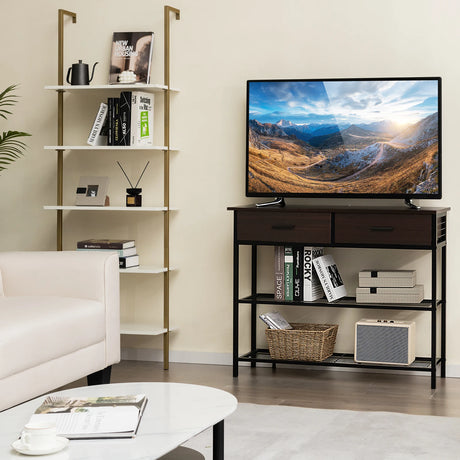 100cm Console Table with 2 Drawers &amp; 2-Tier Shelves &amp; Anti-Toppling Design-Coffee