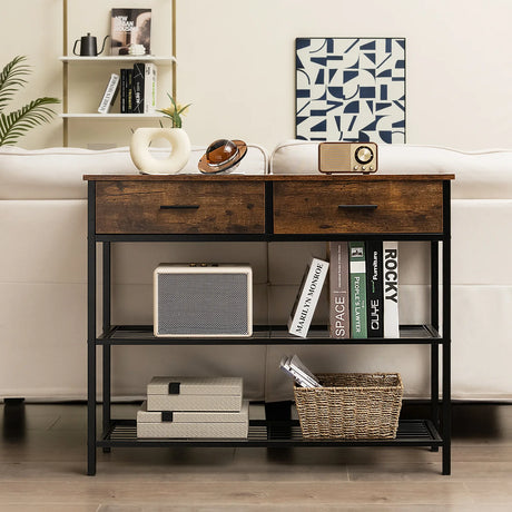 100cm Console Table with 2 Drawers &amp; 2-Tier Shelves &amp; Anti-Toppling Design-Brown
