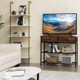 100cm Console Table with 2 Drawers &amp; 2-Tier Shelves &amp; Anti-Toppling Design-Brown