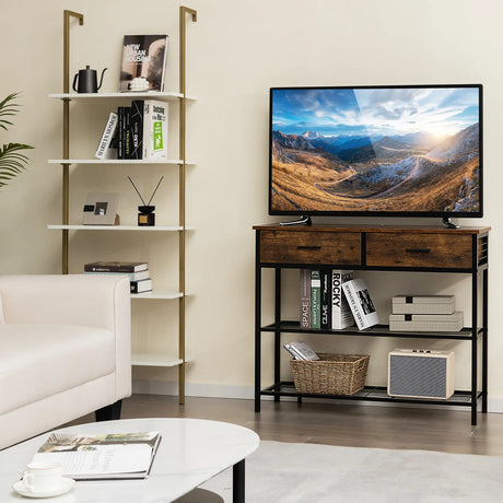 100cm Console Table with 2 Drawers &amp; 2-Tier Shelves &amp; Anti-Toppling Design-Brown