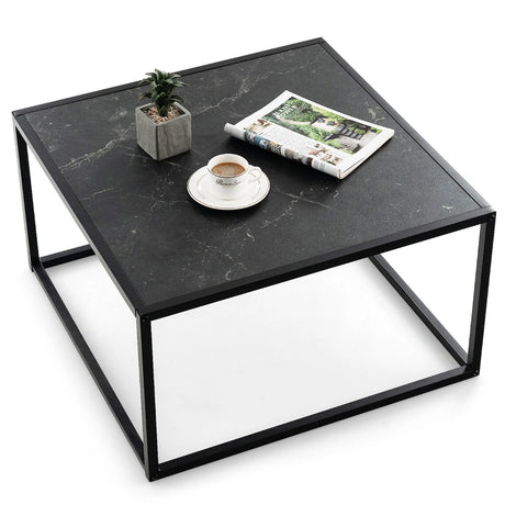 Modern Square Leisure Coffee Table  with Faux Marble Tabletop-Black