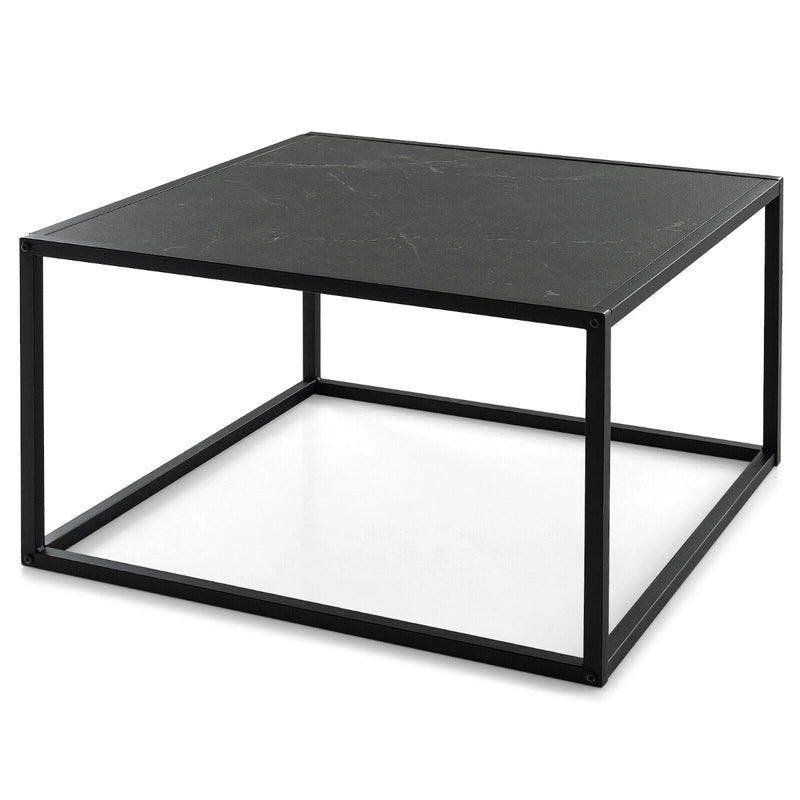 Modern Square Leisure Coffee Table  with Faux Marble Tabletop-Black