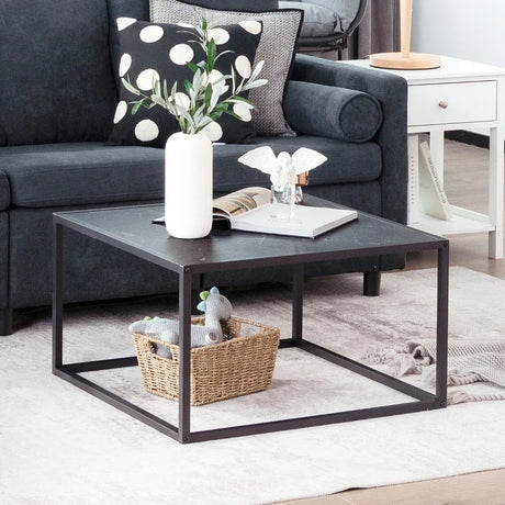 Modern Square Leisure Coffee Table  with Faux Marble Tabletop-Black