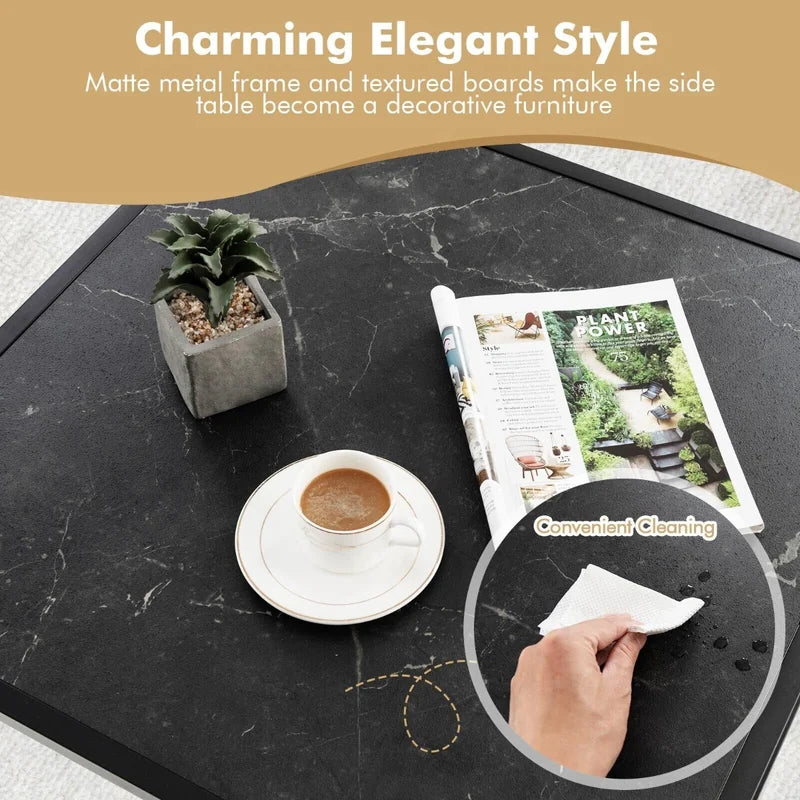 Modern Square Leisure Coffee Table  with Faux Marble Tabletop-Black