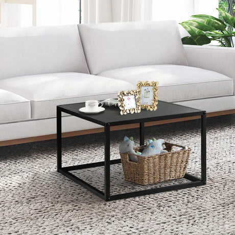 Modern Square Leisure Coffee Table  with Faux Marble Tabletop-Black