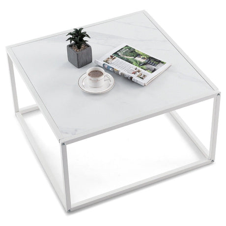 Coffee table marble look rectangular coffee table with metal frame 70 x 70 x 40 cm white