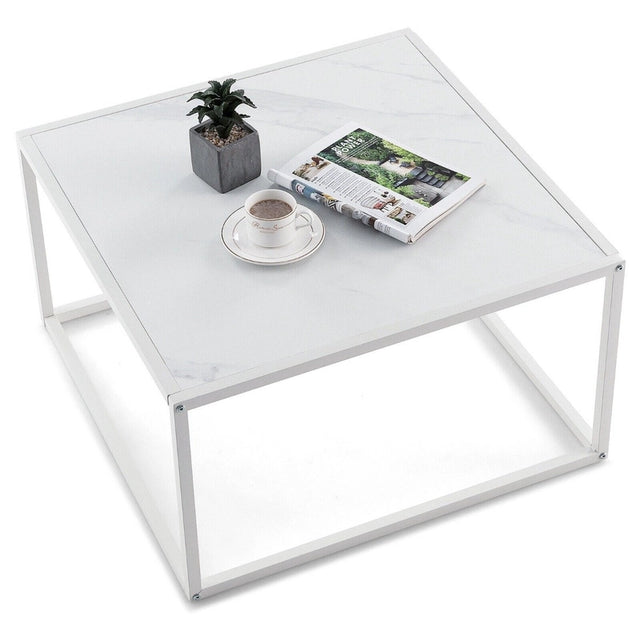 Coffee table marble look rectangular coffee table with metal frame 70 x 70 x 40 cm white