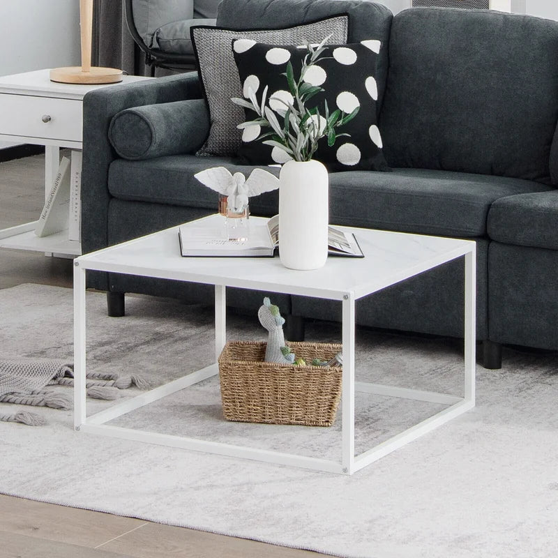 Coffee table marble look rectangular coffee table with metal frame 70 x 70 x 40 cm white