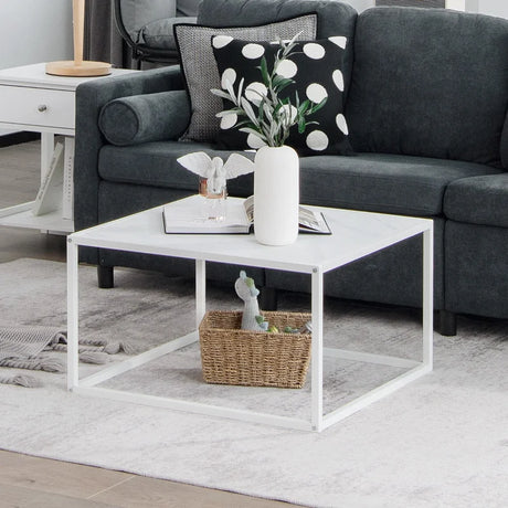 Coffee table marble look rectangular coffee table with metal frame 70 x 70 x 40 cm white