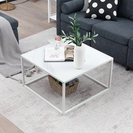 Coffee table marble look rectangular coffee table with metal frame 70 x 70 x 40 cm white