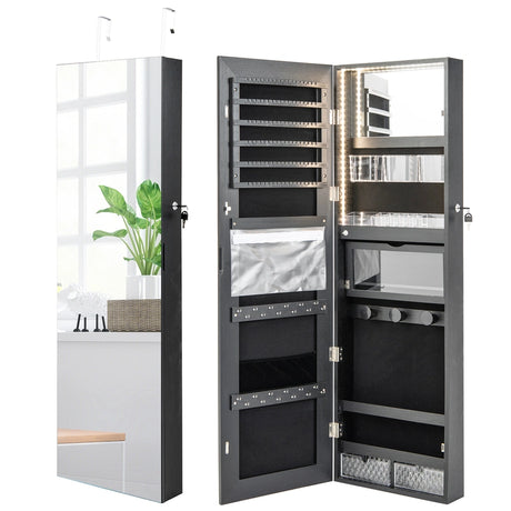 Lockable Mirror Jewelry Cabinet with 3-Colour LED Light-Black