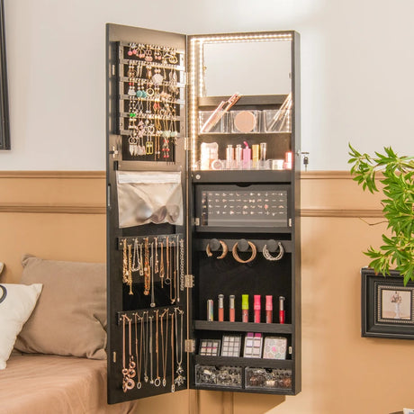 Lockable Mirror Jewelry Cabinet with 3-Colour LED Light-Black