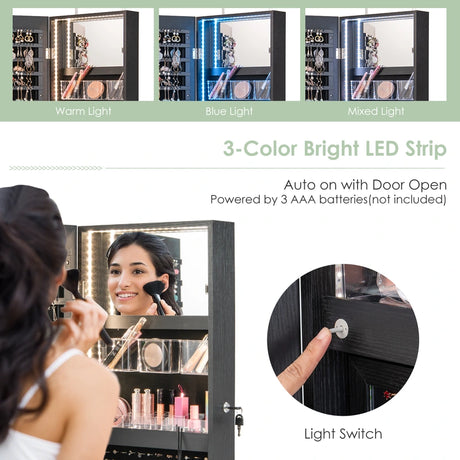 Lockable Mirror Jewelry Cabinet with 3-Colour LED Light-Black