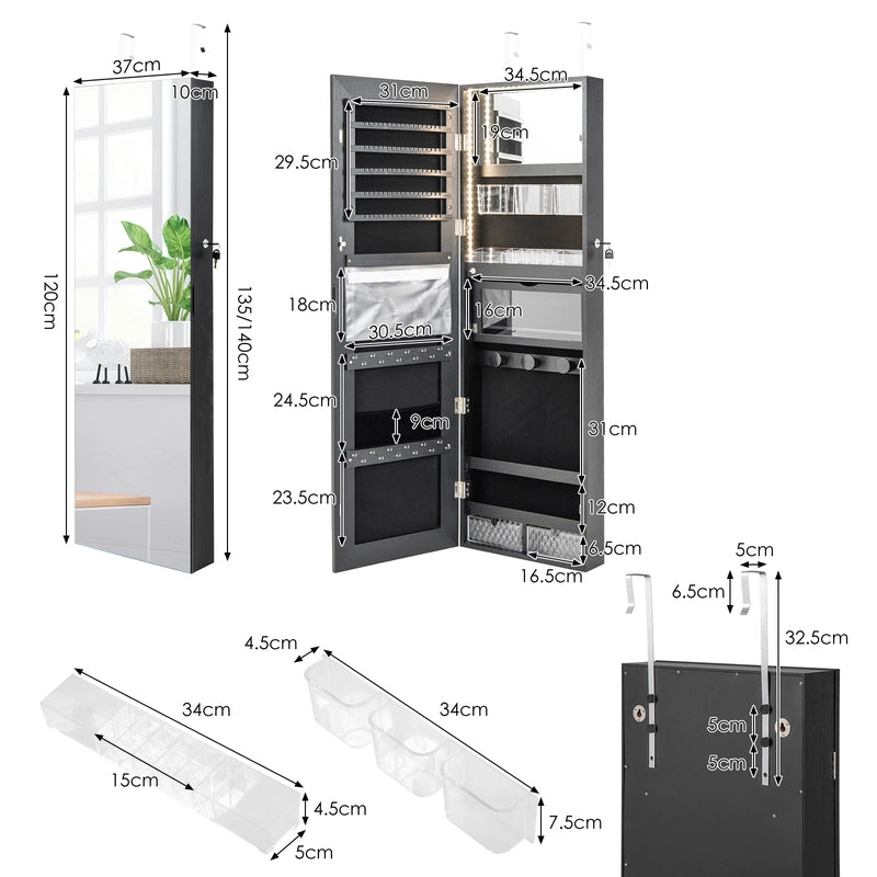 Lockable Mirror Jewelry Cabinet with 3-Colour LED Light-Black