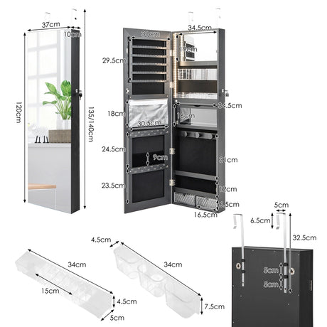 Lockable Mirror Jewelry Cabinet with 3-Colour LED Light-Black