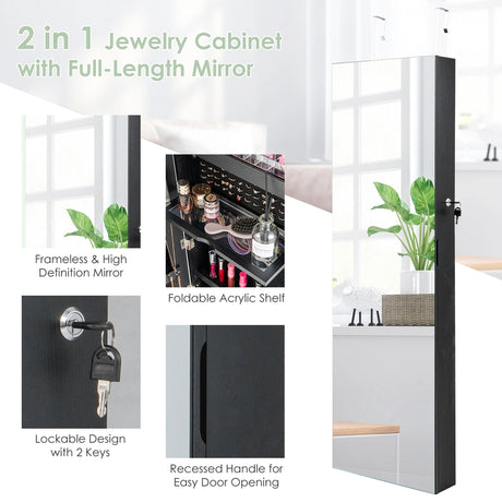 Lockable Mirror Jewelry Cabinet with 3-Colour LED Light-Black