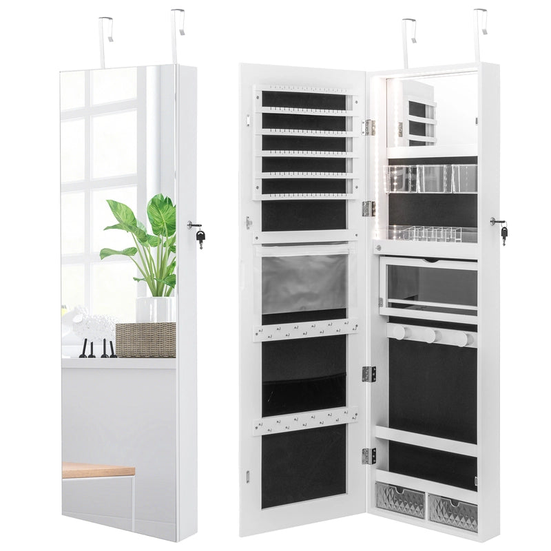 Lockable Mirror Jewelry Cabinet with 3-Colour LED Light-White