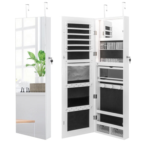 Lockable Mirror Jewelry Cabinet with 3-Colour LED Light-White