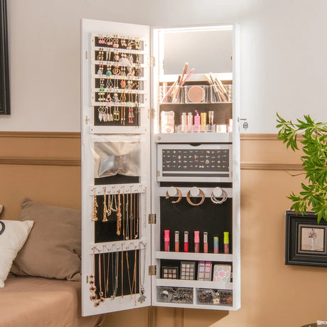 Lockable Mirror Jewelry Cabinet with 3-Colour LED Light-White