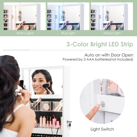 Lockable Mirror Jewelry Cabinet with 3-Colour LED Light-White