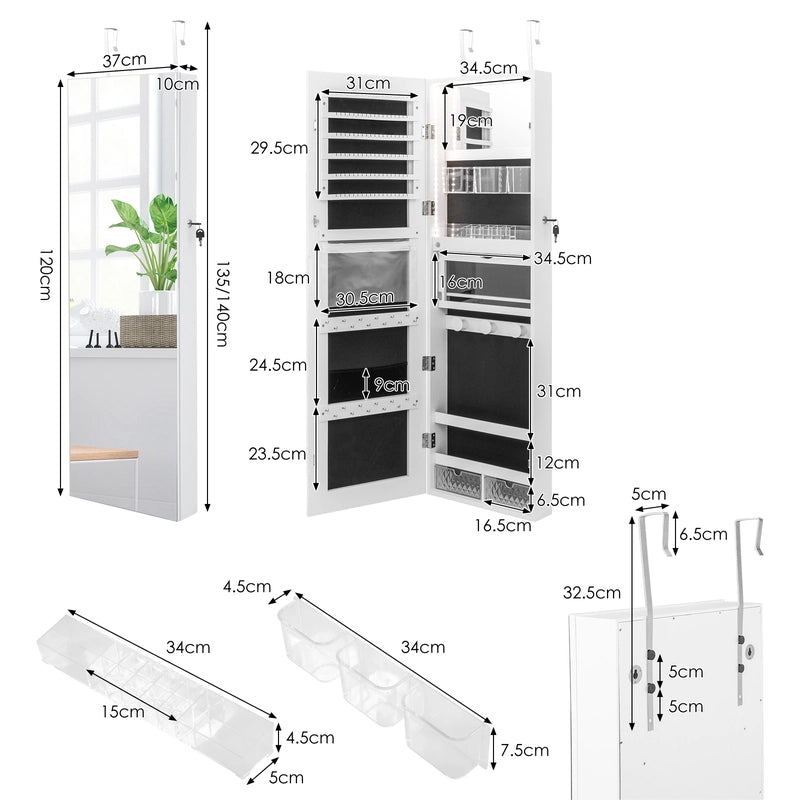 Lockable Mirror Jewelry Cabinet with 3-Colour LED Light-White