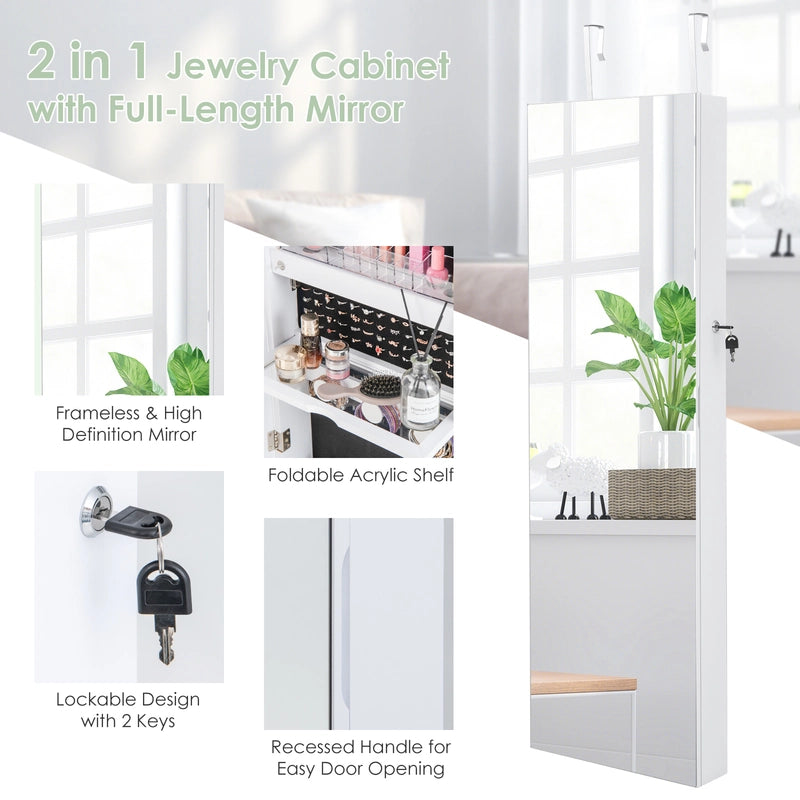 Lockable Mirror Jewelry Cabinet with 3-Colour LED Light-White