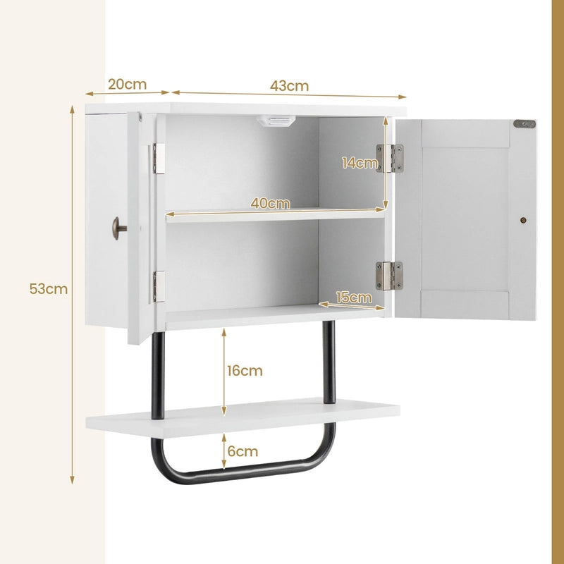 Bathroom Wall Cabinet with Double Doors &amp; Open Shelf &amp; Towel Rack-White