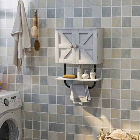 Bathroom Wall Cabinet with Double Doors &amp; Open Shelf &amp; Towel Rack-White
