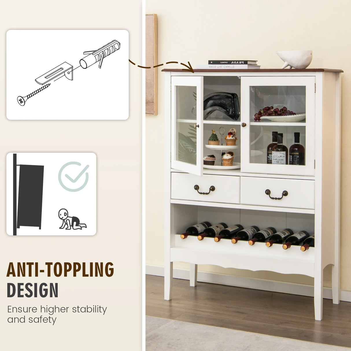 Freestanding Storage Cabinet with 2 Tempered Glass Doors
