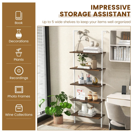 5-Tier Ladder Shelf with Steel Frame for Living Room Bedroom Office-Natural