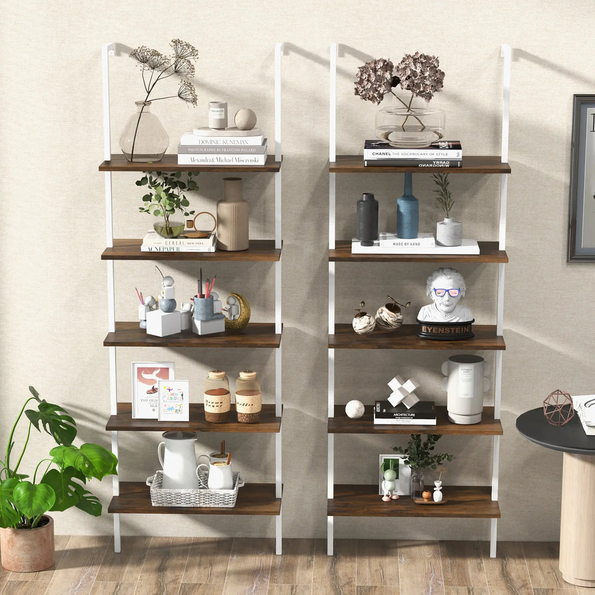 5-Tier Ladder Shelf with Steel Frame for Living Room Bedroom Office-Natural