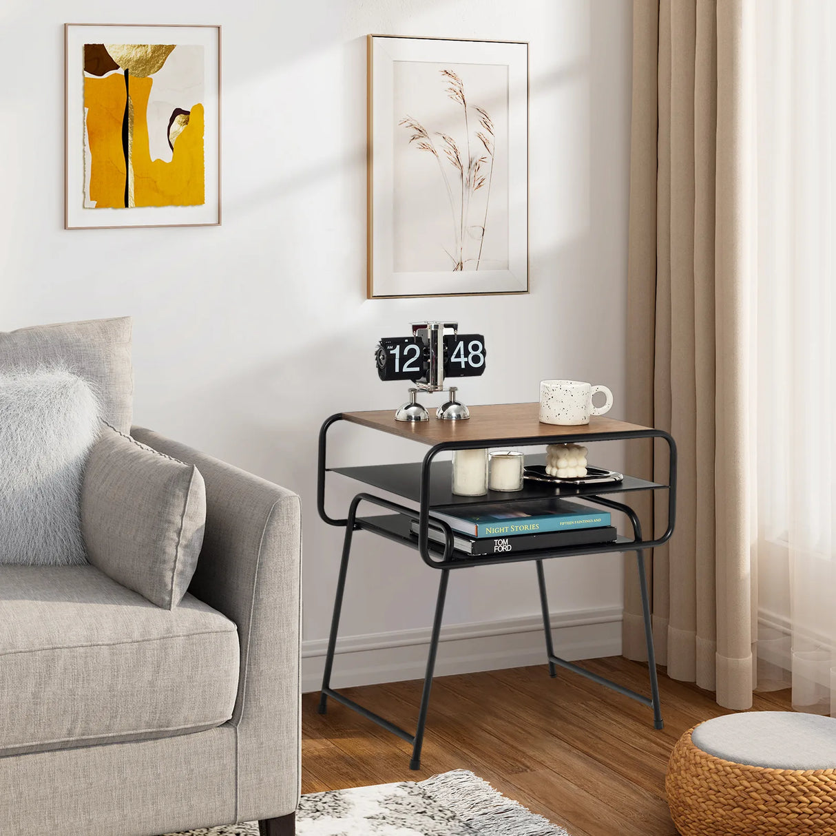 3-tier Compact Side End Table with Storage Shelf-Coffee