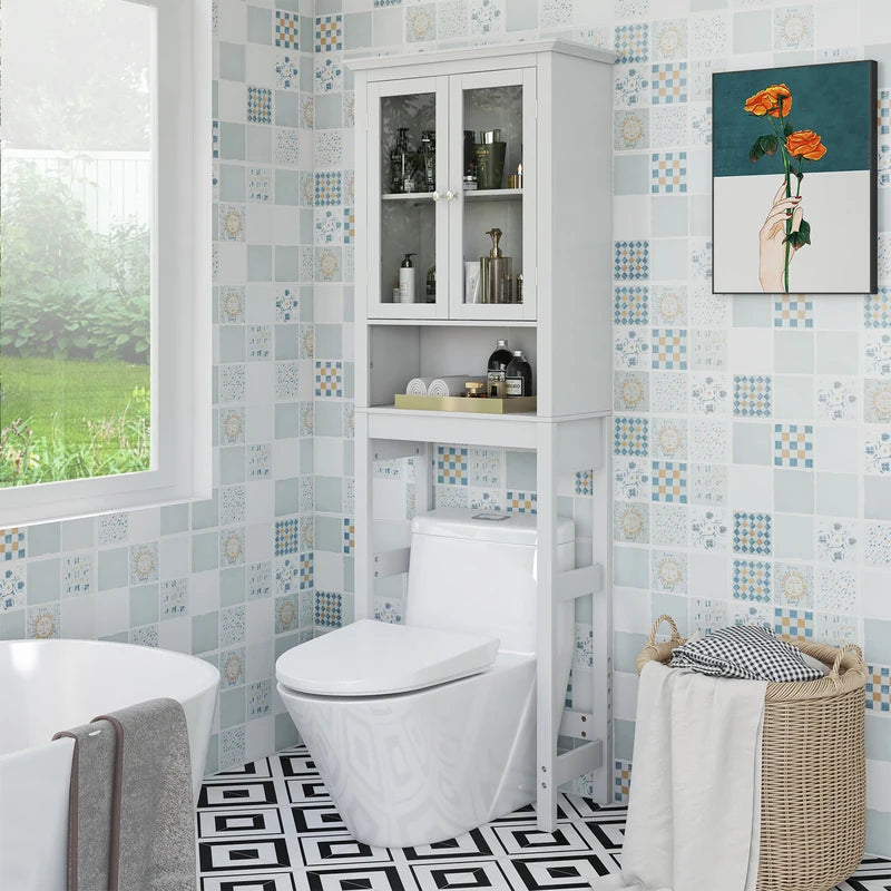Over the Toilet Storage Cabinet with Double Tempered Glass Doors