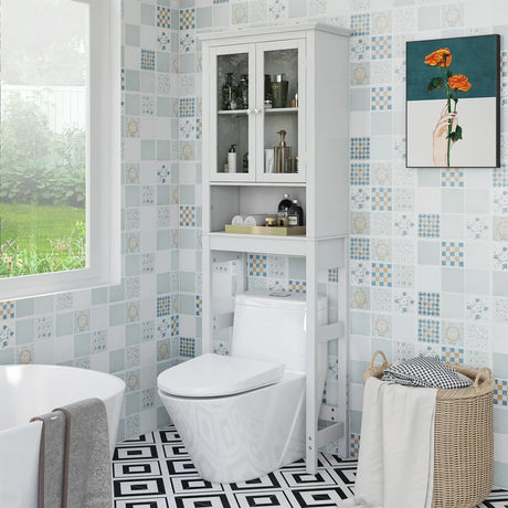 Over the Toilet Storage Cabinet with Double Tempered Glass Doors