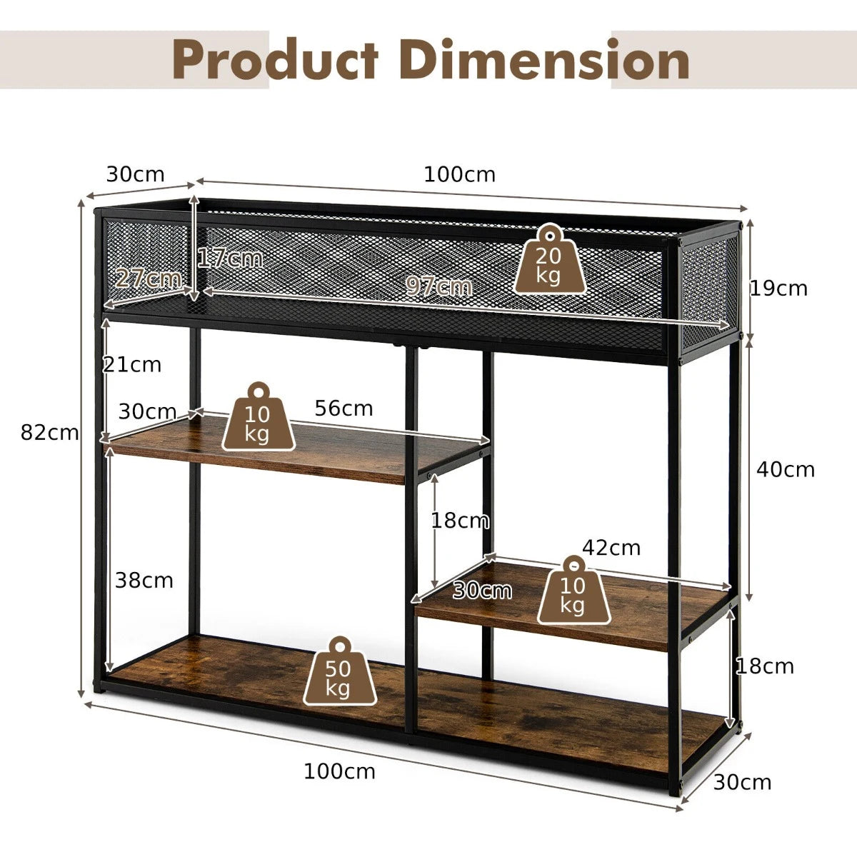 4-Tier Console Table with Wire Basket for Living Room/Dining Room