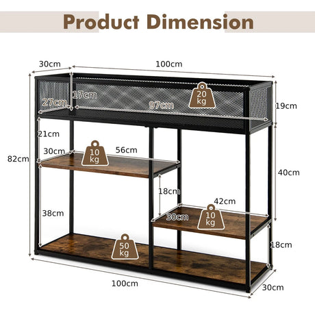 4-Tier Console Table with Wire Basket for Living Room/Dining Room