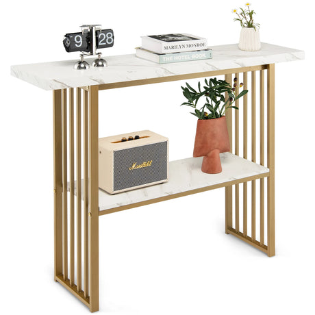 White Faux Marble Sofa Table with Faux Marble Tabletop for Living Room