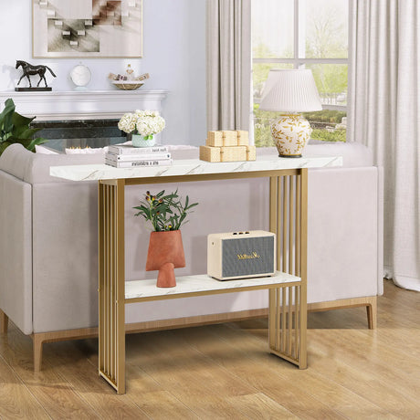White Faux Marble Sofa Table with Faux Marble Tabletop for Living Room
