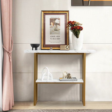 White Faux Marble Sofa Table with Faux Marble Tabletop for Living Room