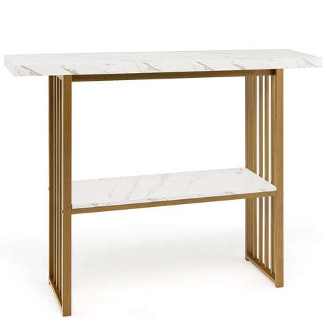White Faux Marble Sofa Table with Faux Marble Tabletop for Living Room