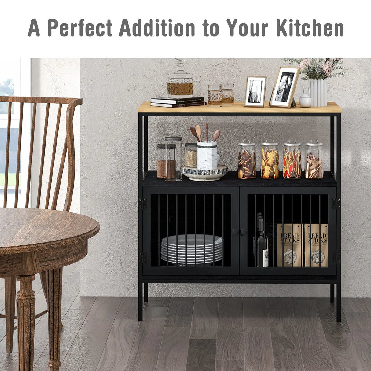 Modern Kitchen Storage Cabinet with Heavy-duty Metal Frame for Cafe