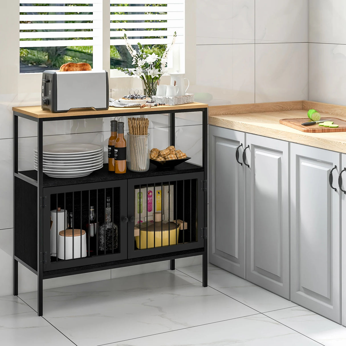 Modern Kitchen Storage Cabinet with Heavy-duty Metal Frame for Cafe