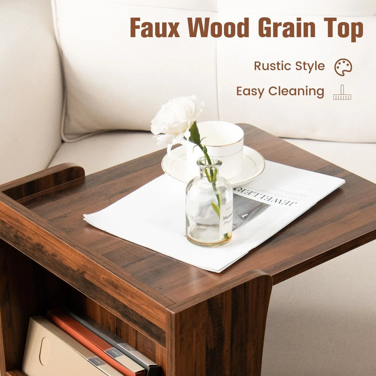 C-Shaped Side Table with Storage Shelf