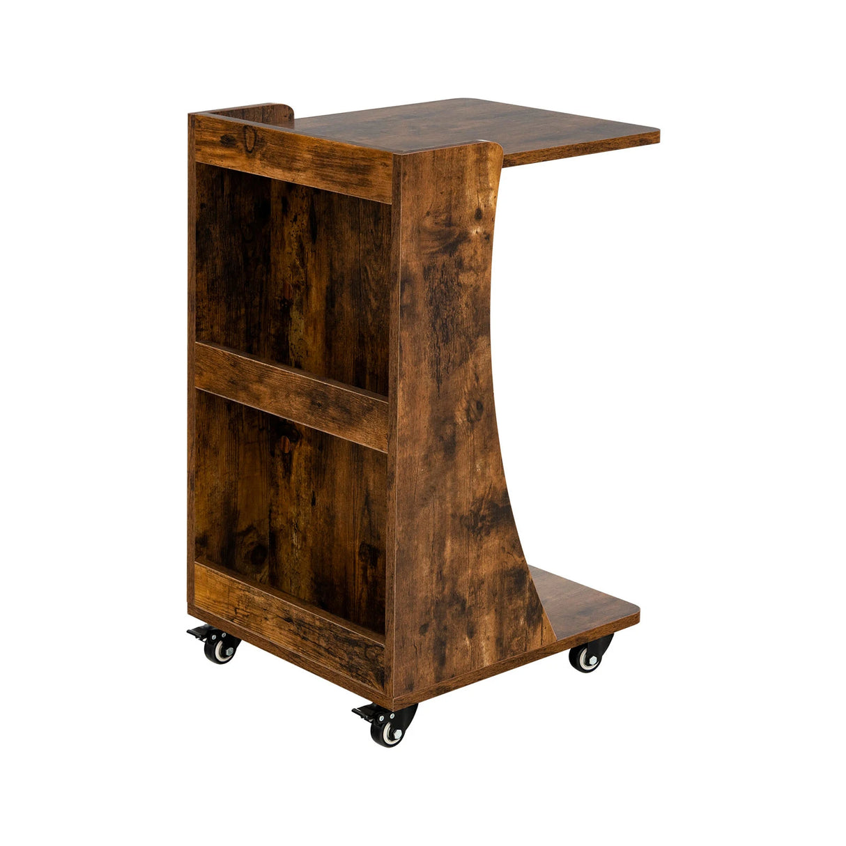 C-shaped Mobile Side Table with 2-Tier Open Shelf &amp; 2 Compartments-Brown