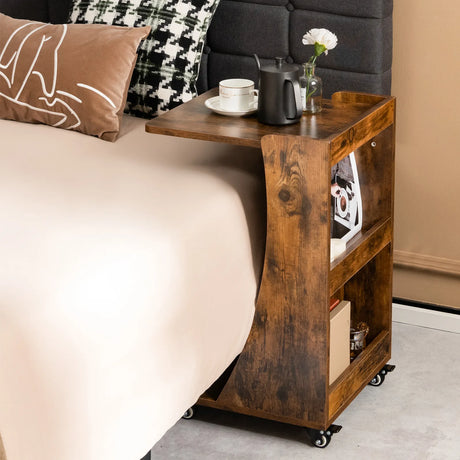 C-shaped Mobile Side Table with 2-Tier Open Shelf &amp; 2 Compartments-Brown