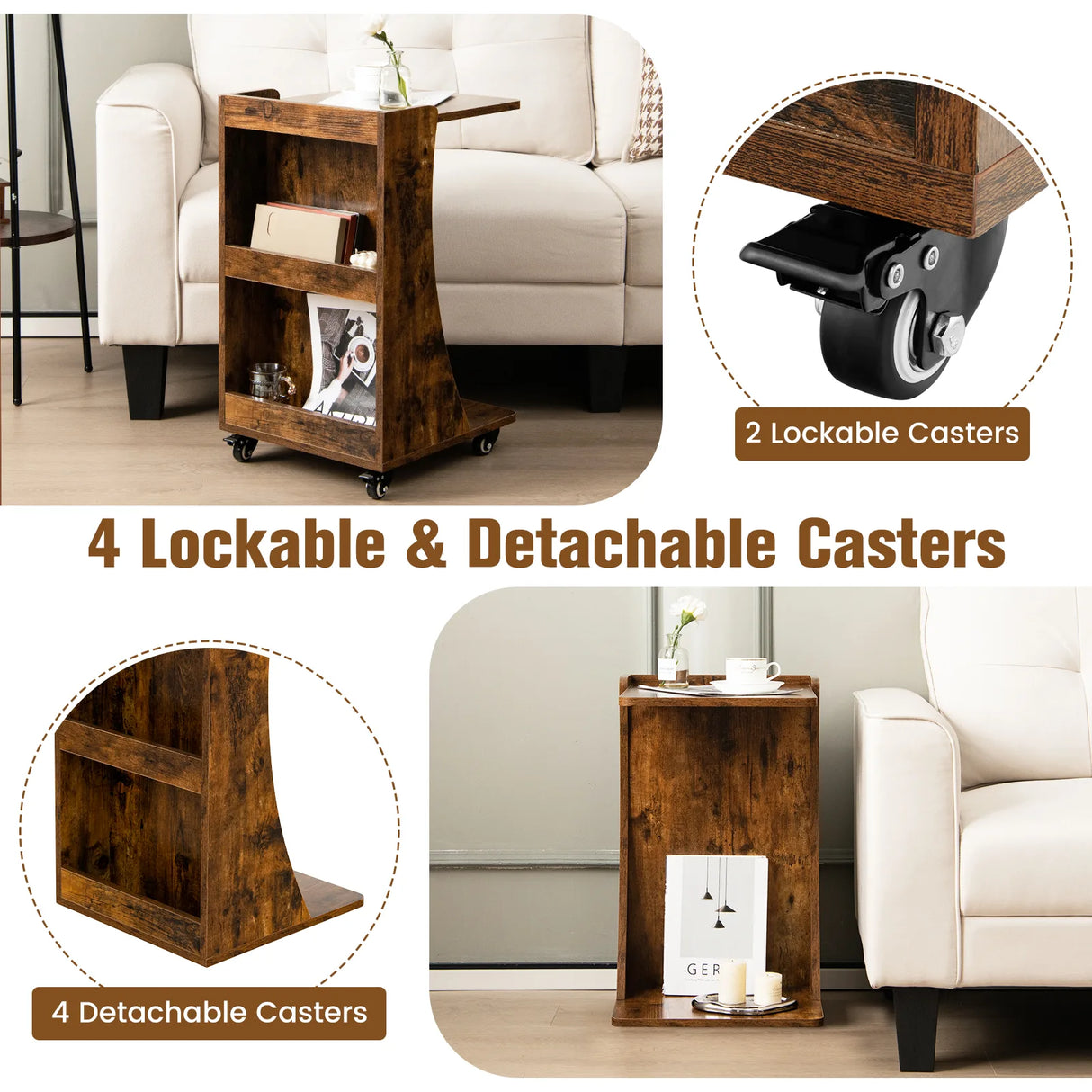 C-shaped Mobile Side Table with 2-Tier Open Shelf &amp; 2 Compartments-Brown