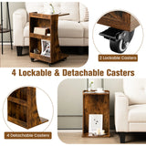 C-shaped Mobile Side Table with 2-Tier Open Shelf &amp; 2 Compartments-Brown