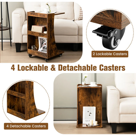 C-shaped Mobile Side Table with 2-Tier Open Shelf &amp; 2 Compartments-Brown